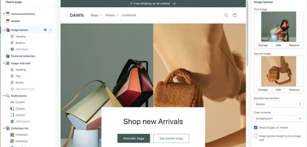 Shopify's seller platform showing a menu on the left and storefront in the center.
