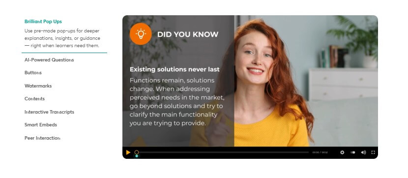 A screenshot showing LearnWorlds' interactive video elements.