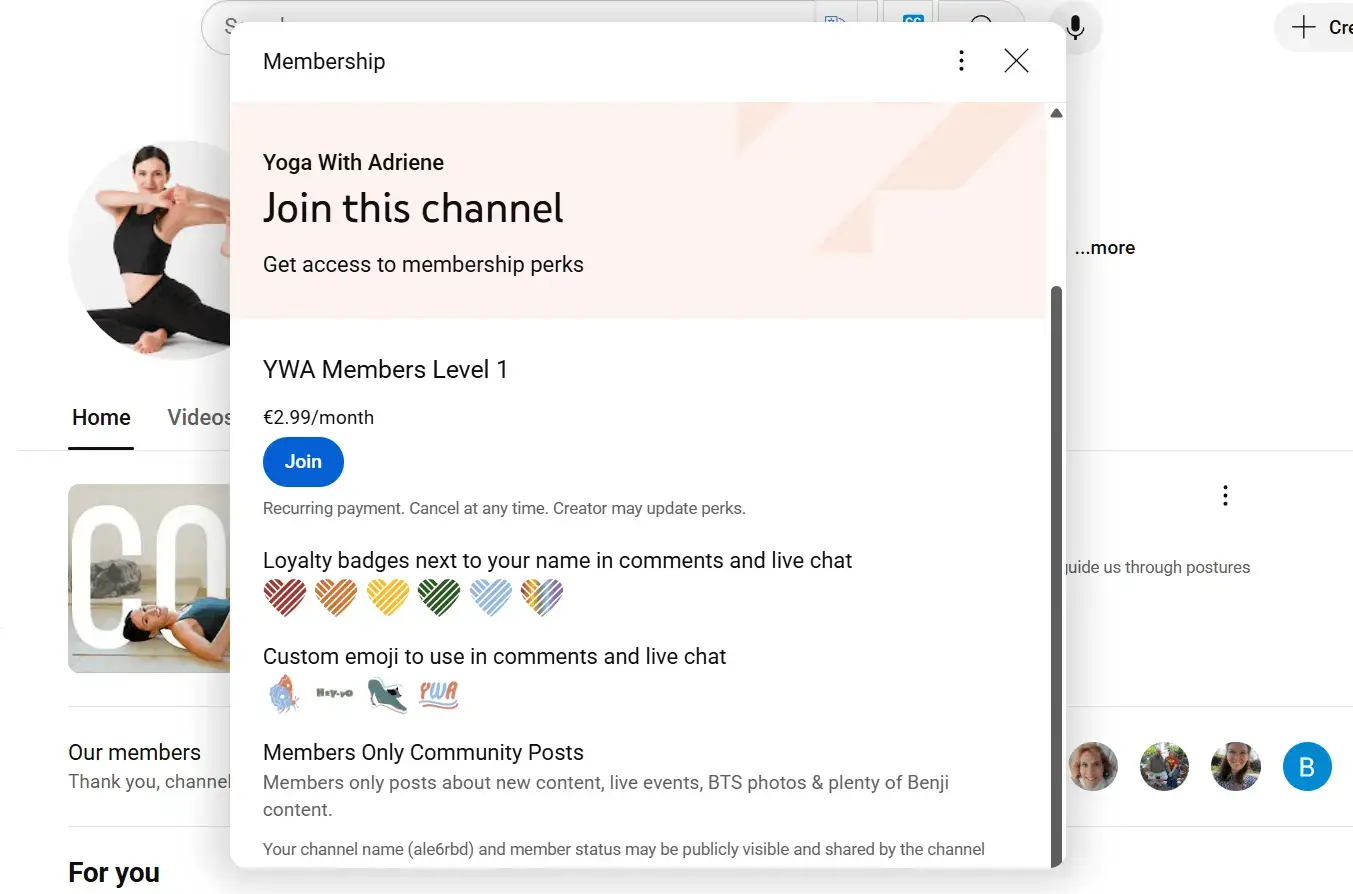 Yoga wth Adrienne YouTube membership pricing and conditions