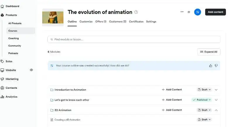 Kajabi's dashbaord for a course on the evolution of animation, displaying the course's outline