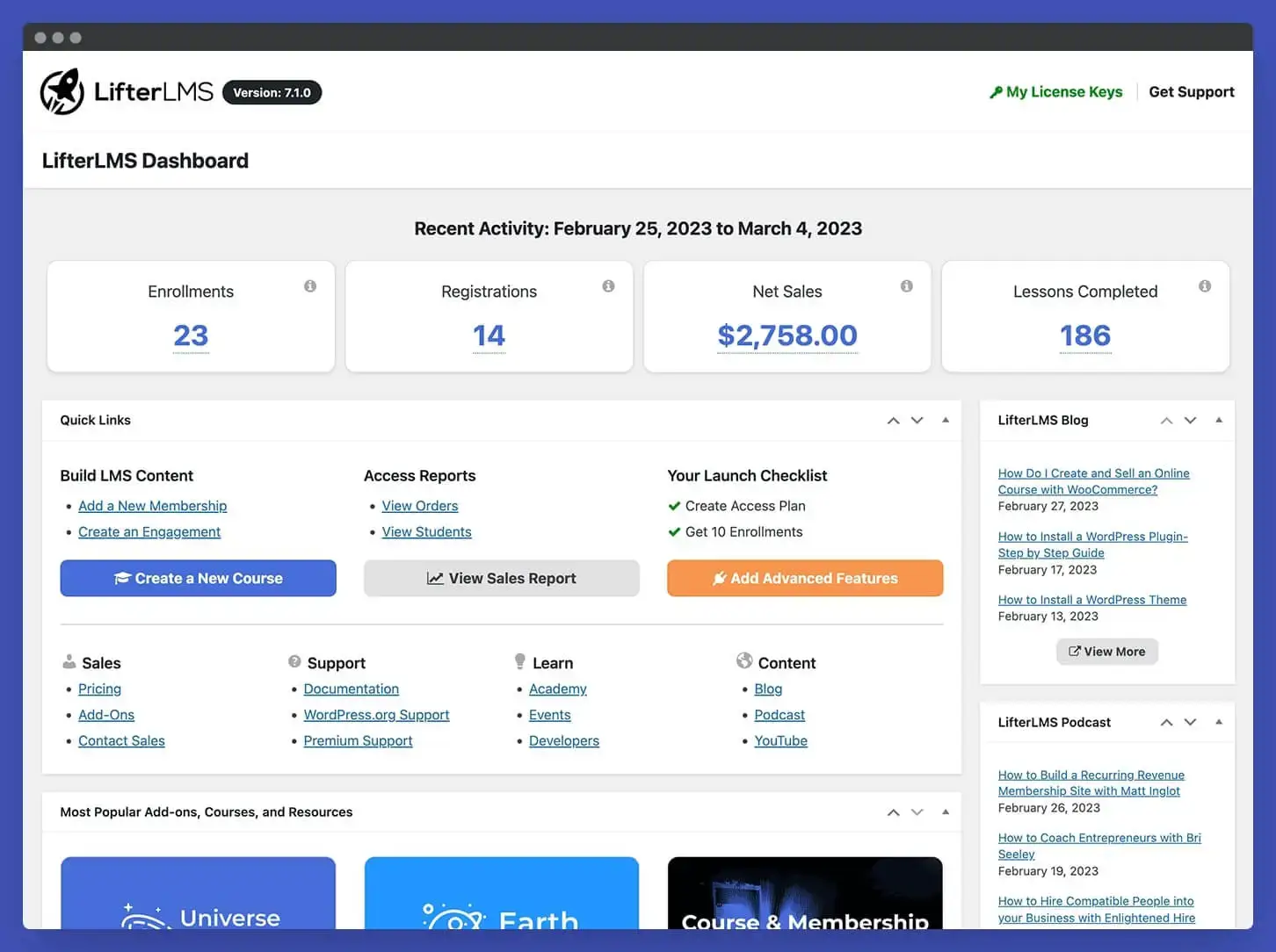 Dashboard for LifterLMS