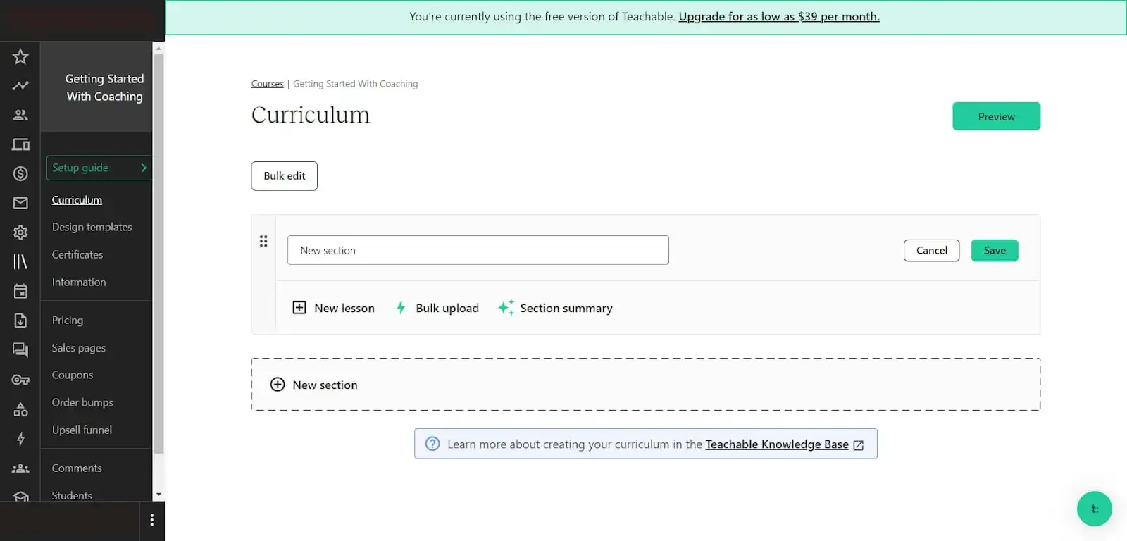 A screenshot of Teachable's dashboard, displaying the curriculum for a coaching course
