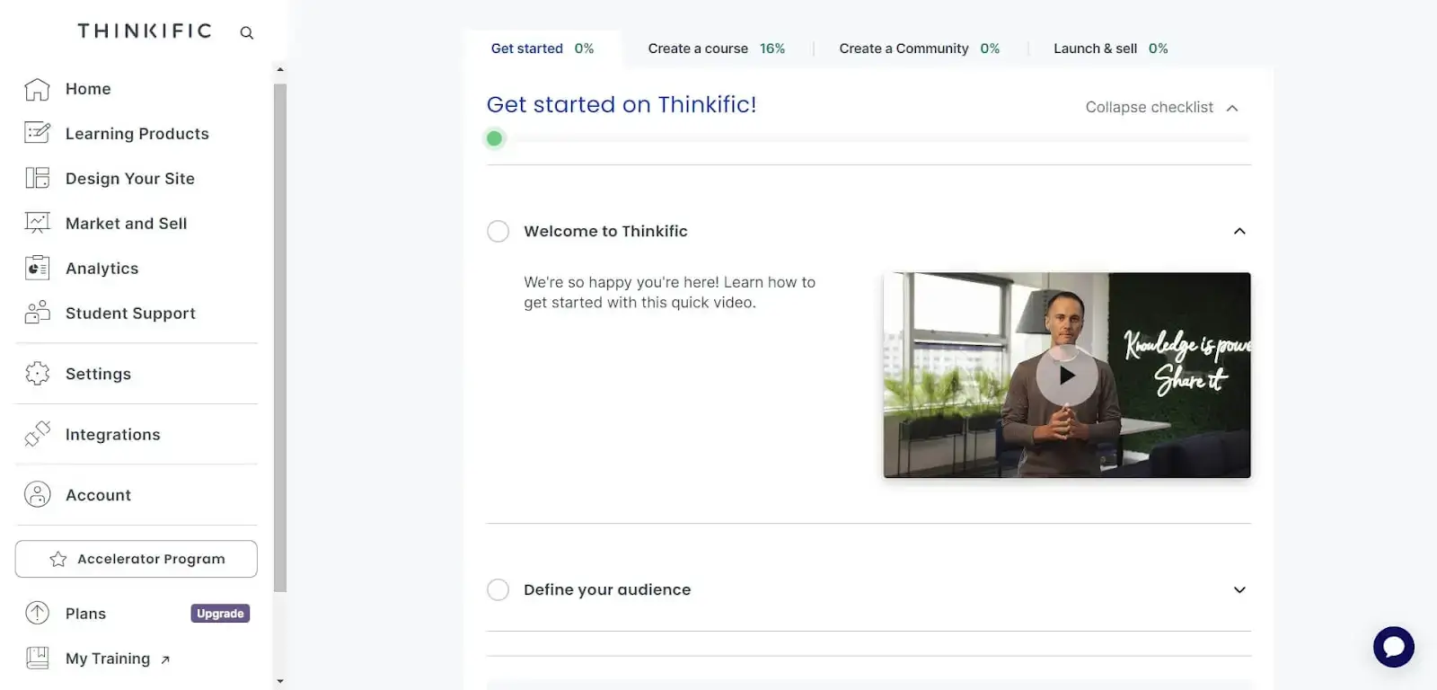 A screenshot of the Thinkific's dashboard during onboarding