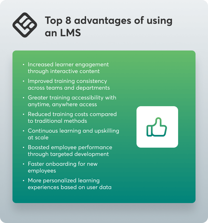 A visual representation of the top 8 advantages of using a learning management system (LMS).