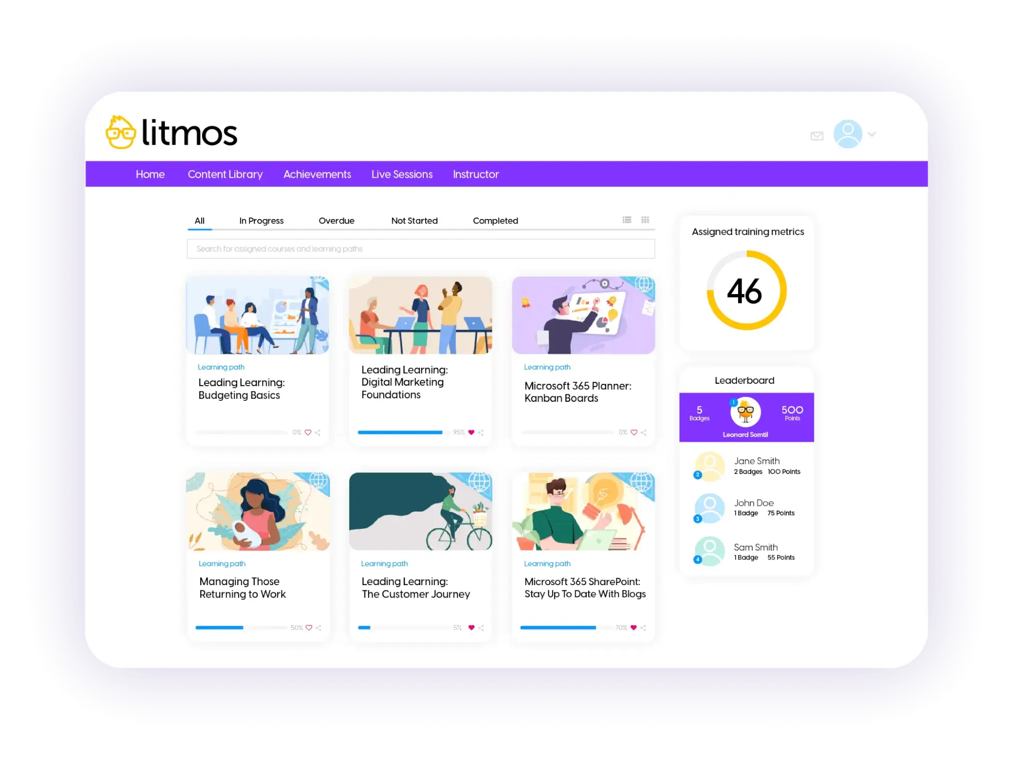 Litmos course options with progress and leaderboard for each.