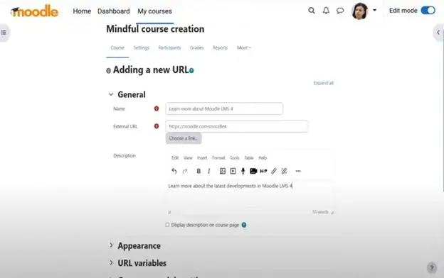 A screenshot of Moodle's dashboard.