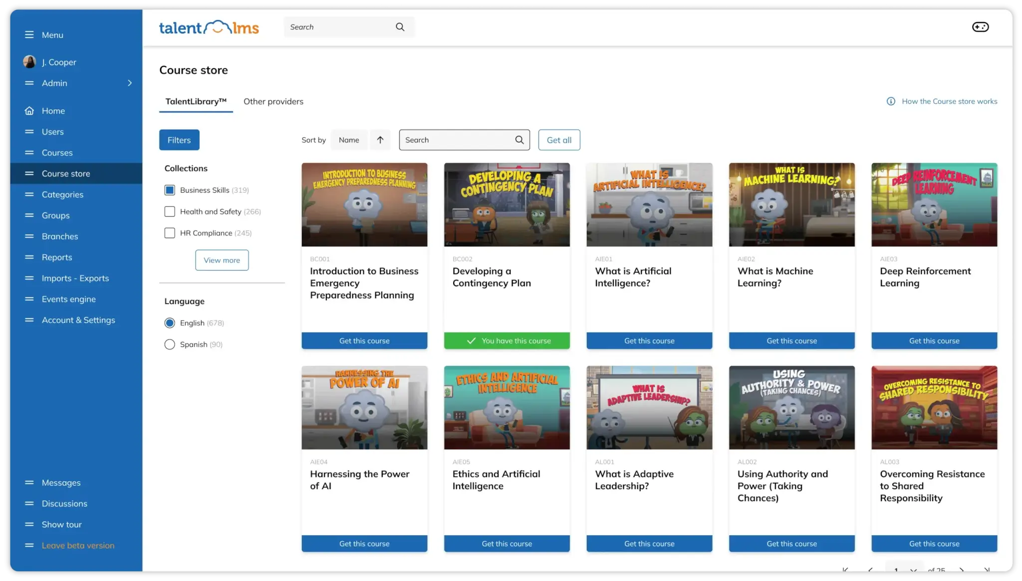 Talent LMS course store with options for business skills training