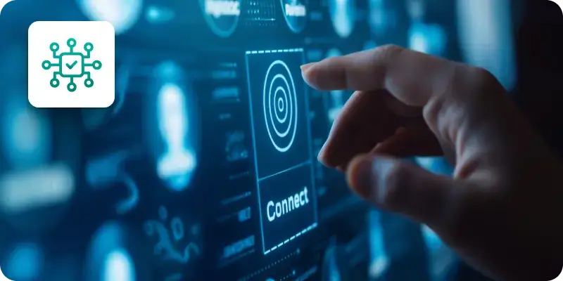 An image showing a hand touching a blue screen that has the button named 'Connect' on it.