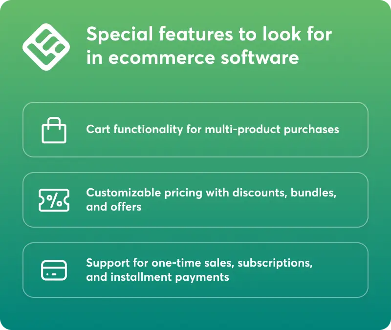 A visual checklist featuring 3 special features to look for in ecommerce software.