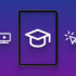 An image with a blue to purple background showing small white icons related to learning and a black tablet-like screen in the middle.