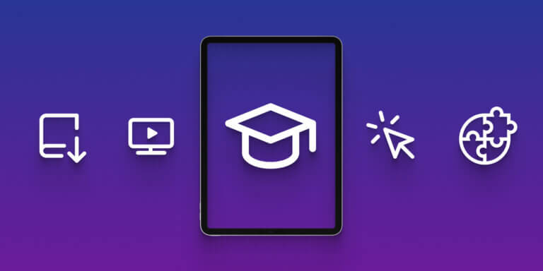 An image with a blue to purple background showing small white icons related to learning and a black tablet-like screen in the middle.
