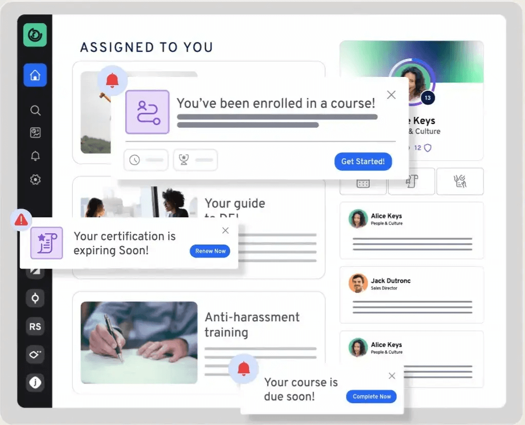 360learning notifications for new course enrollment, certification expiry, and courses that are due soon