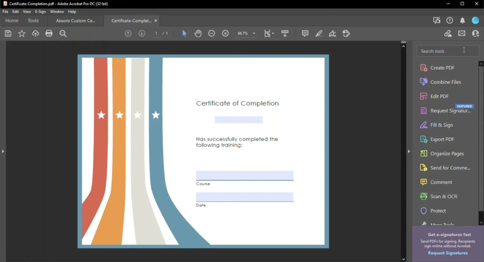 A custom certificate being edited in Adobe Acrobat before uploading to Absorb LMS
