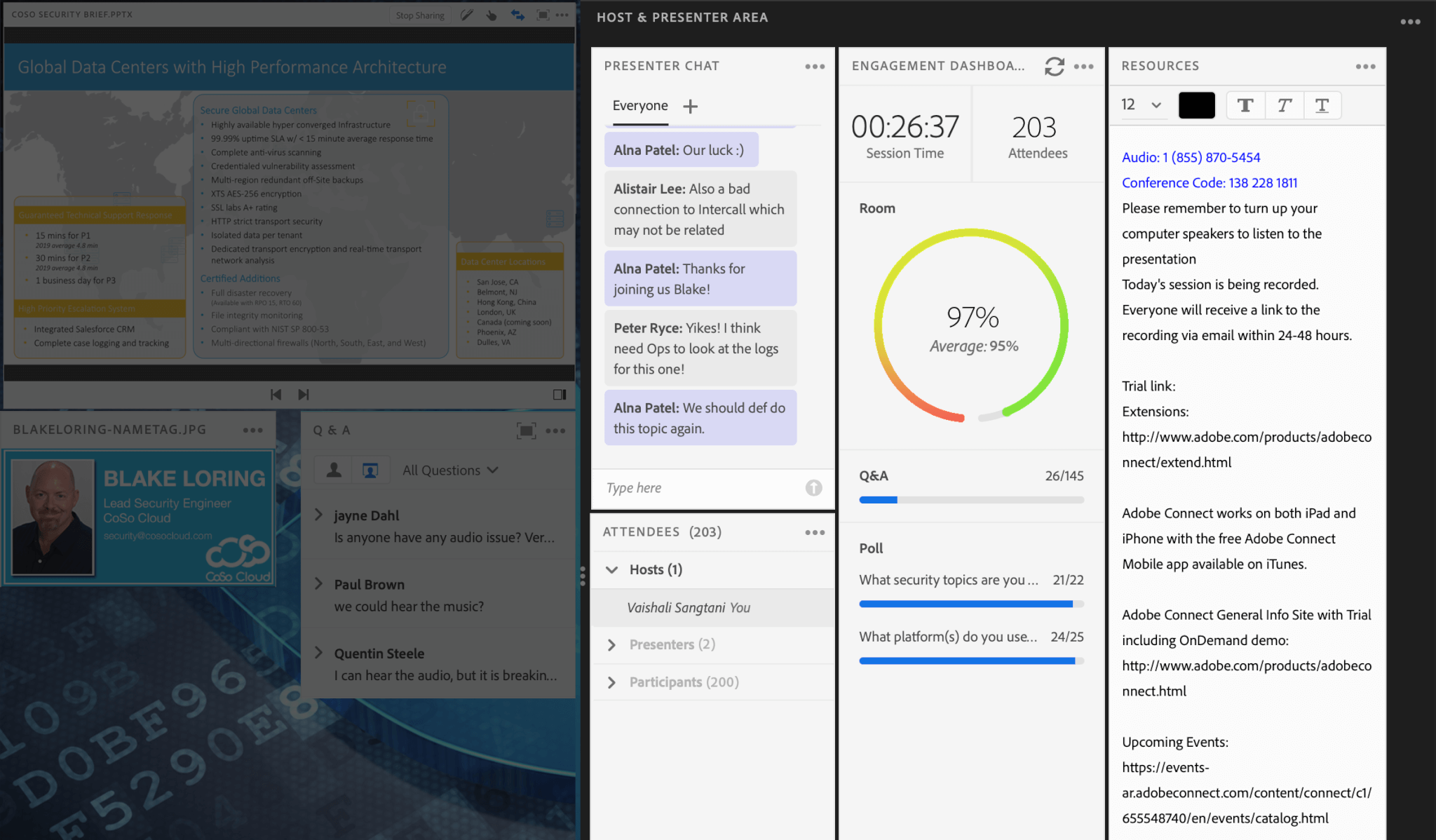 Adobe Connect host and presenter area with chat, engagement dashboard, attendees, and resources