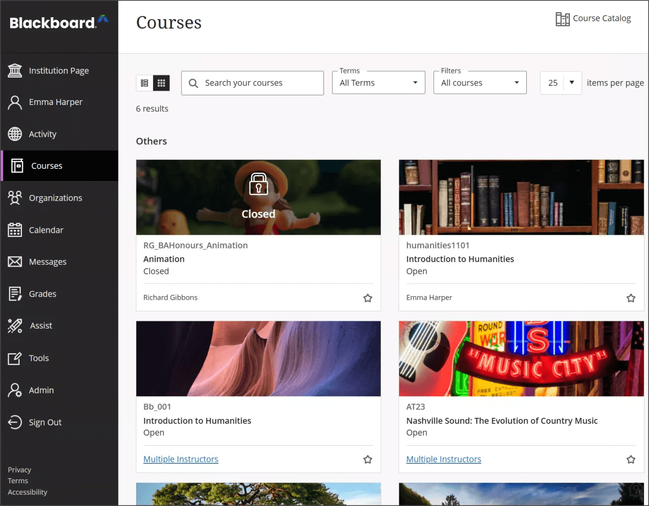 Blackboard list of courses like Animation or Introduction to Humanities