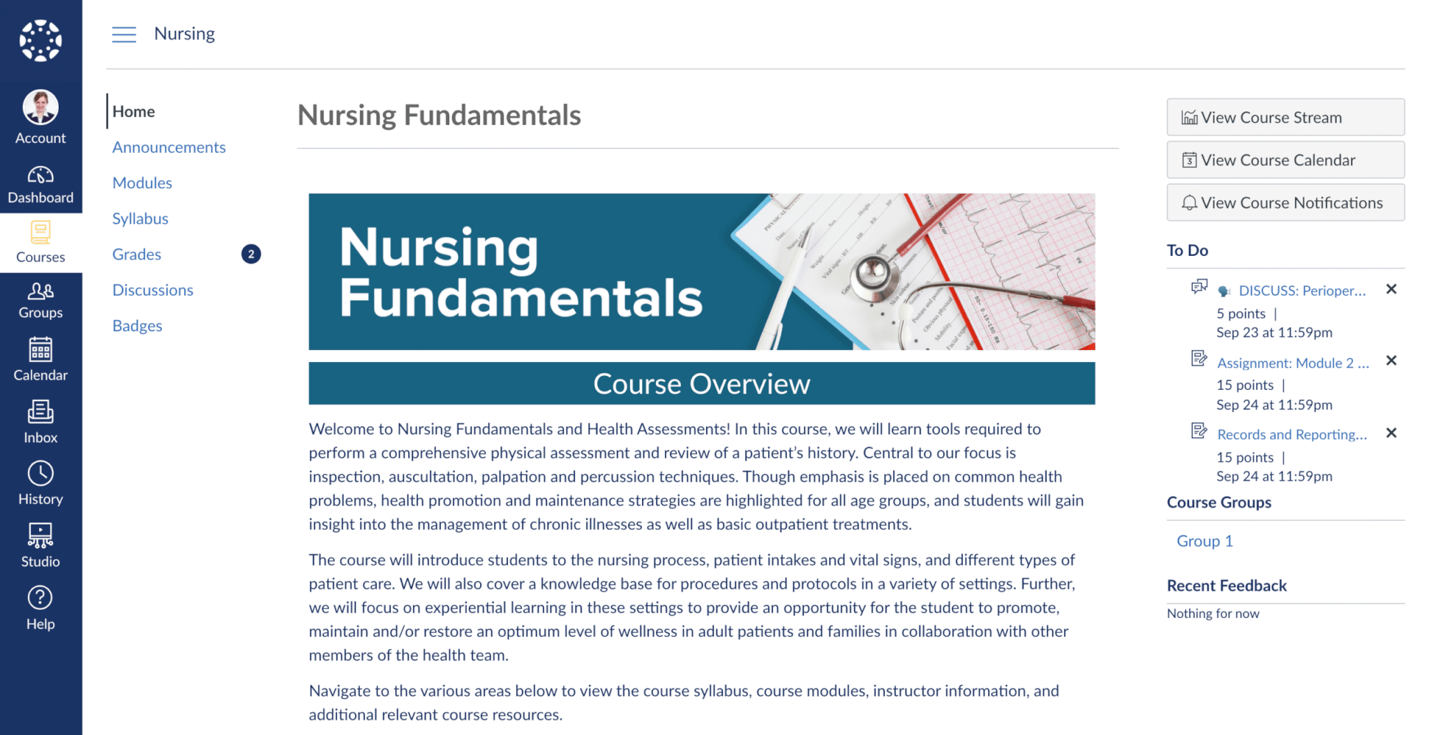 Canvas LMS course overview for a nursing fundamentals course with to-do items on the right