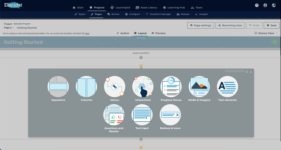 Elucidat course layout editor with interactive options and elements such as questions and results or media