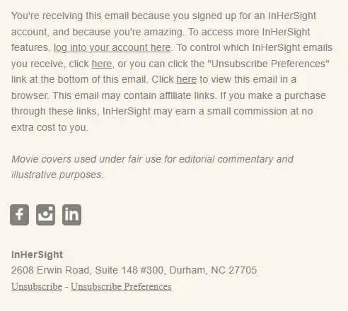 Screenshot of a footer from an InHerSight email, demonstrating compliance practices.