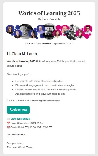 Screenshot from a LearnWorlds email, part of a sales sequence series encouraging signups for a live virtual summit.