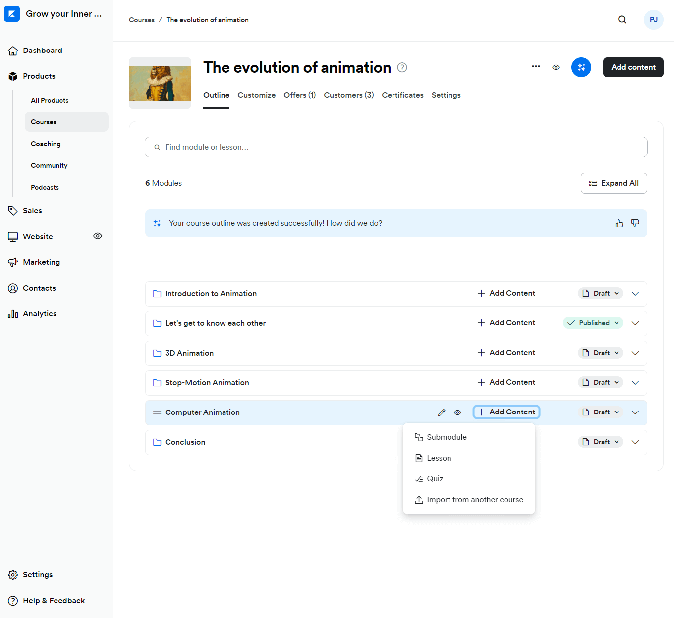 Kajabi course outline and new content options