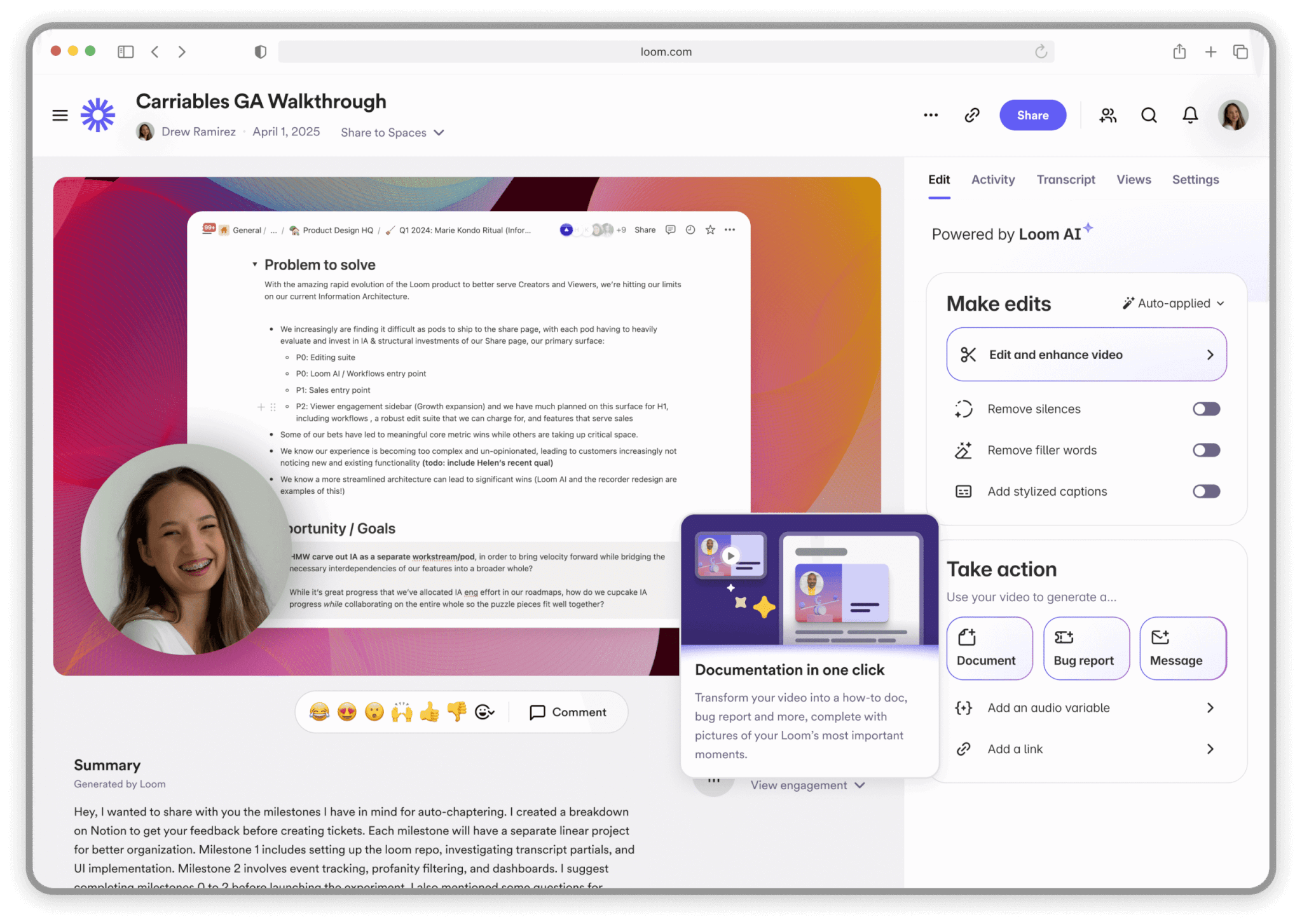Loom recording example with extra actions such as turning a video into documentation