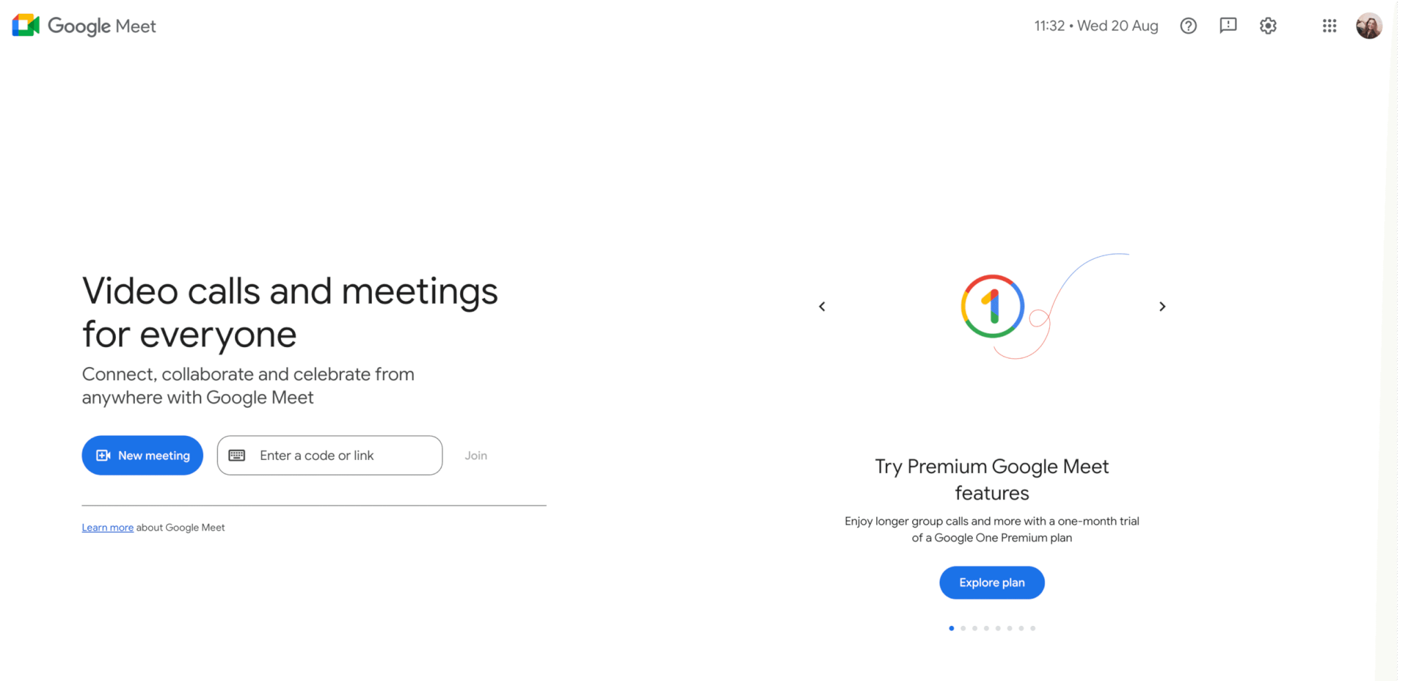 Google Meet page where you create a new meeting