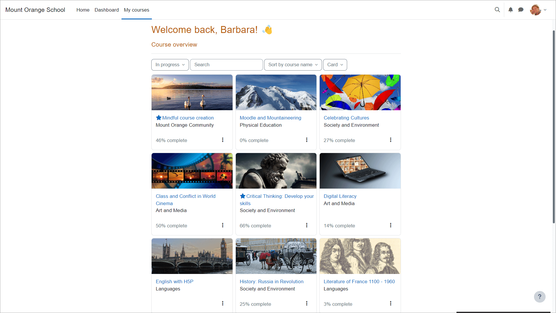Moodle welcome screen displaying all the courses and progress a student has completed