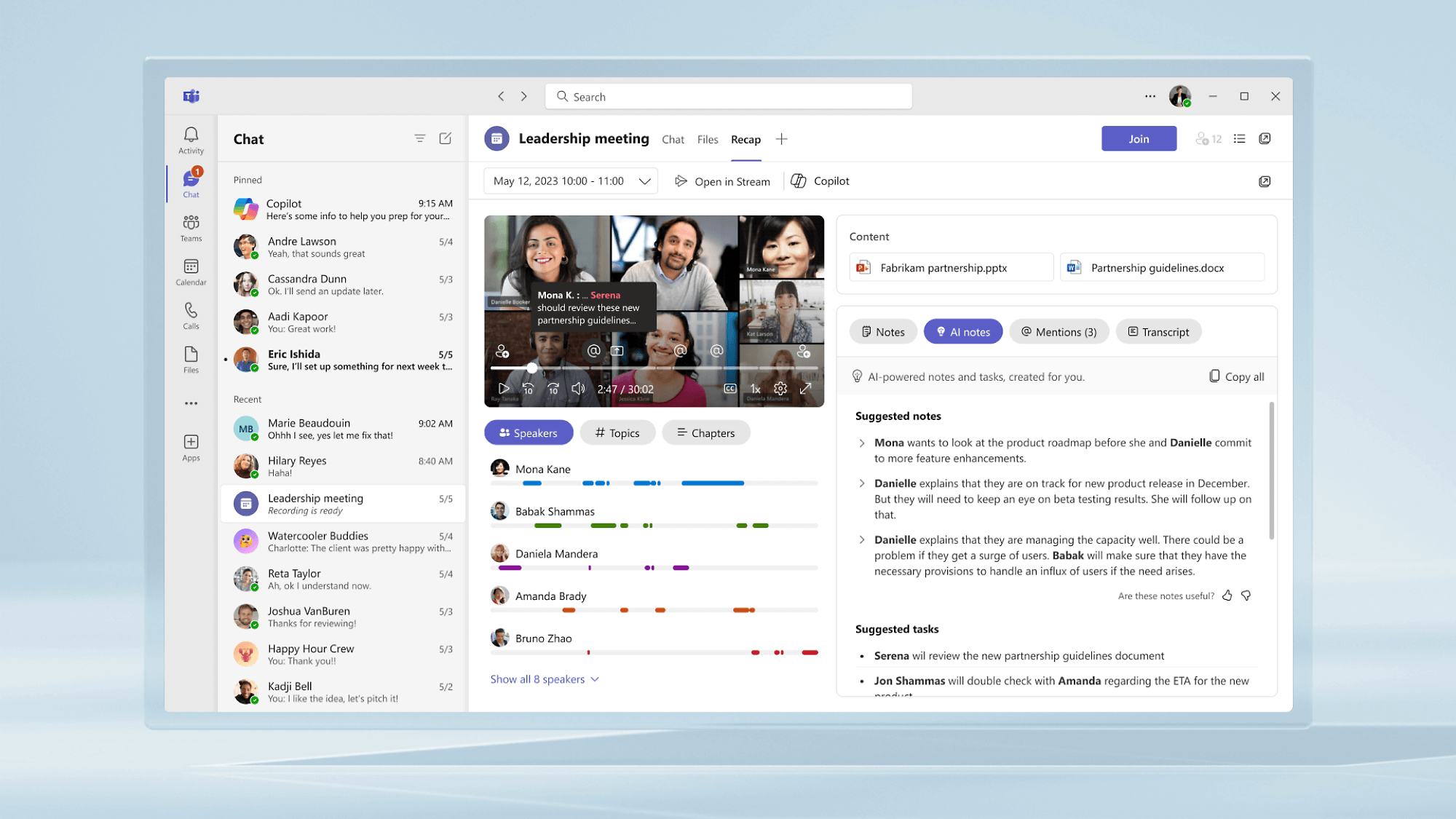 Microsoft Teams chat and meeting with AI notes highlighted