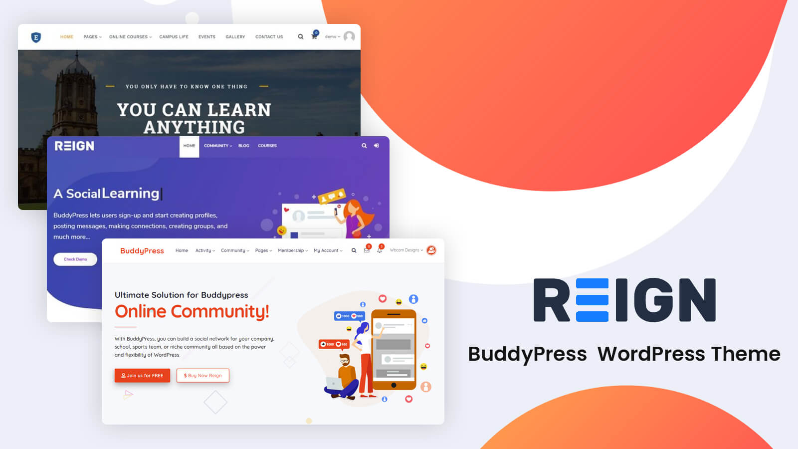 A screenshot showing Reign Theme on different landing pages.