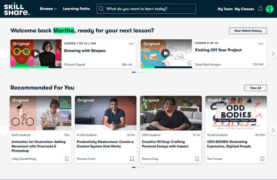 An image showing Skillshare's dashboard.