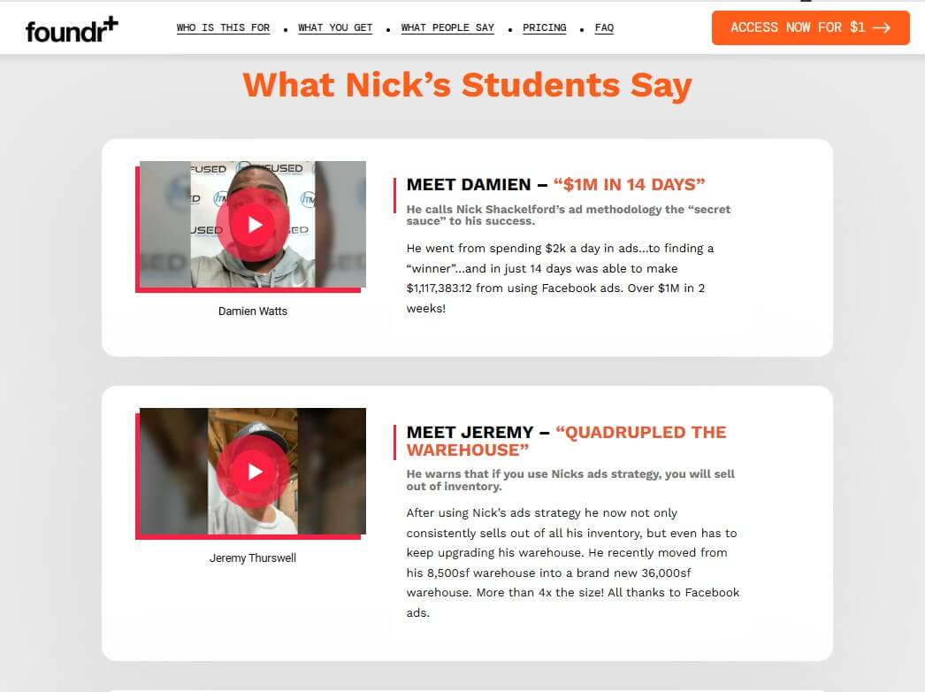 An example of how video testimonials can be used for a course landing page.