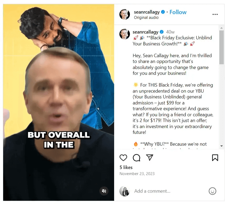 Example of an Instagram Black Friday offer post from Sean Callagy