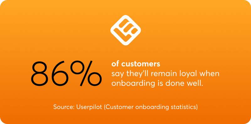 A visual showing statistical data - 86% of customers saying they will remain loyal when onboarding is done well.