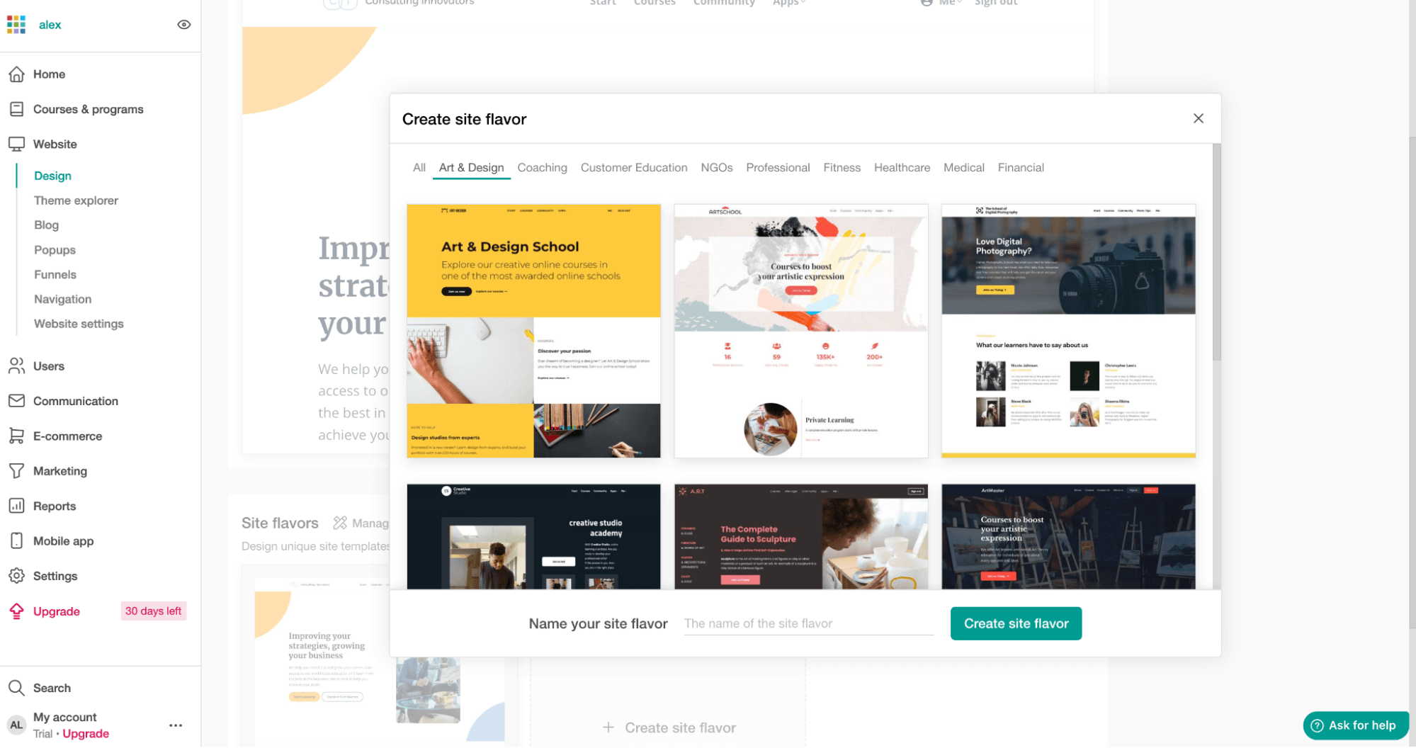 LearnWorlds templates in the website builder