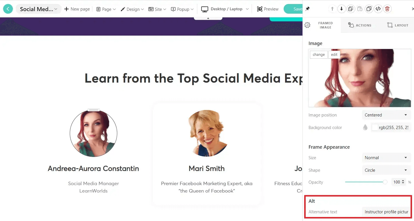 A screenshot of LearnWorlds dashboard featuring an example of adding alt-text for an instructor's image.