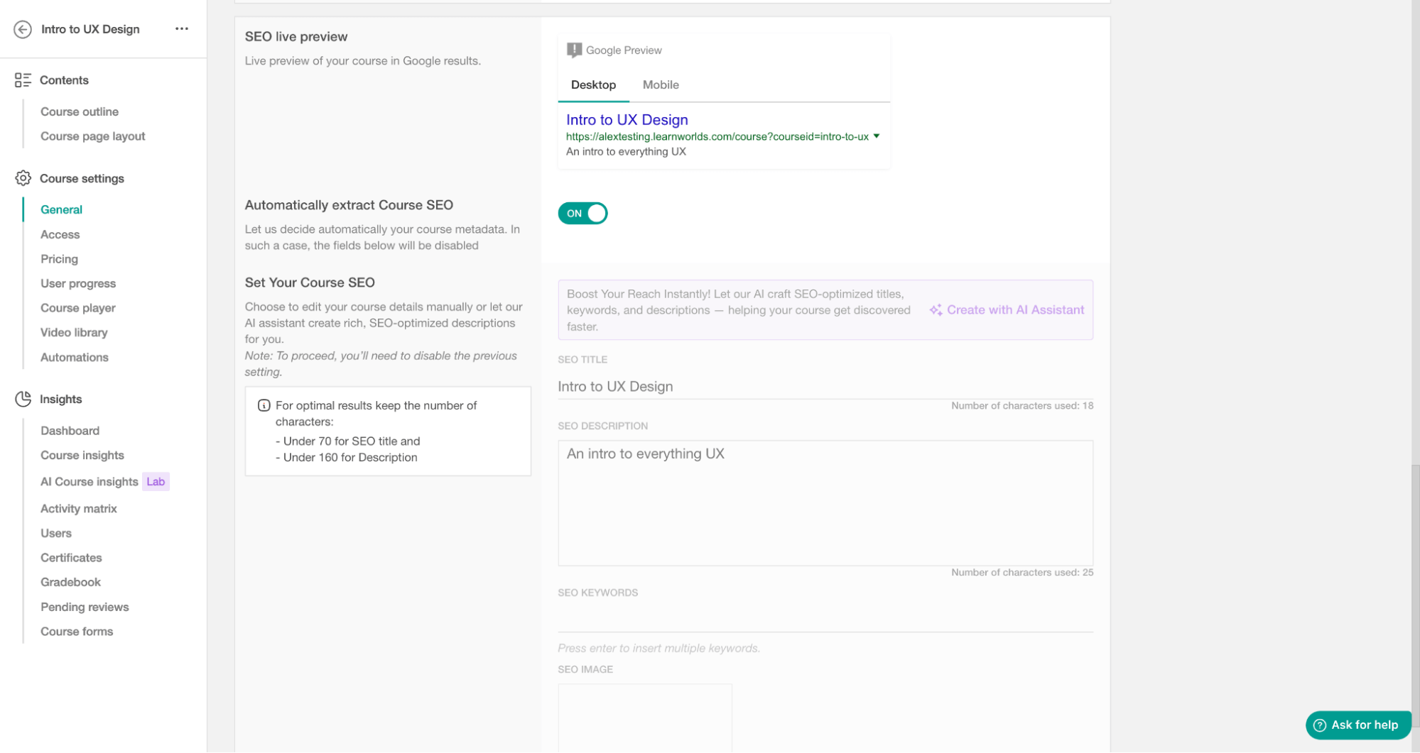 SEO live preview in LearnWorlds