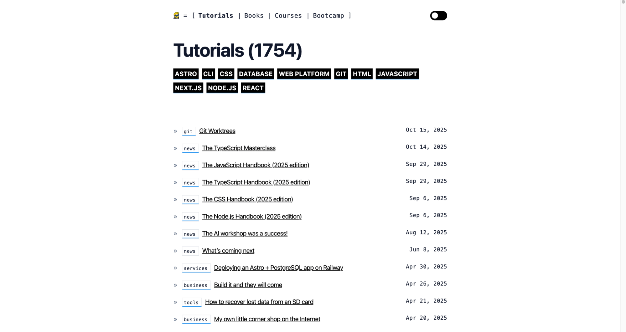 Blog listing tutorials like The JavaScript handbook or How to recover lost data from an SD card