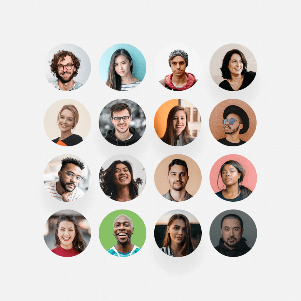 Collage of diverse circular profile photos representing an online learning community.