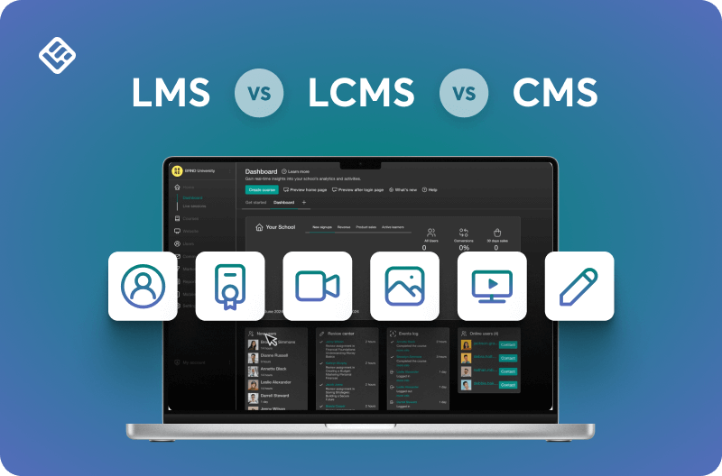 A visual showing the acronyms LMS vs LCMS vs CMS above a laptop screen with button icons with LearnWorlds' platform as the background.