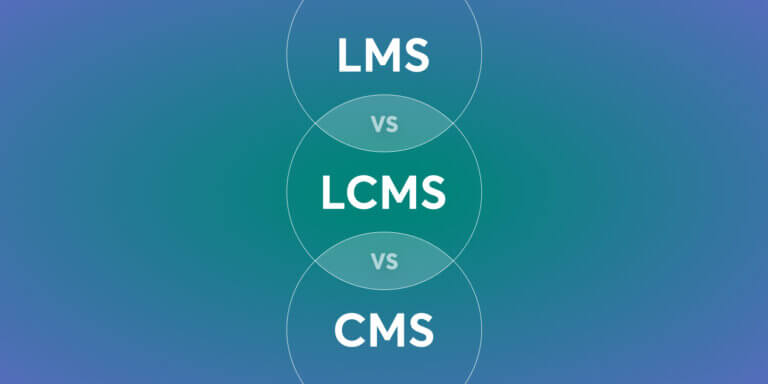 A visual showing the acronyms LMS vs LCMS vs CMS on a blue-green background.