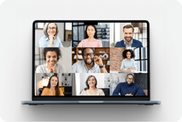 Online coaching community video grid on a laptop screen.