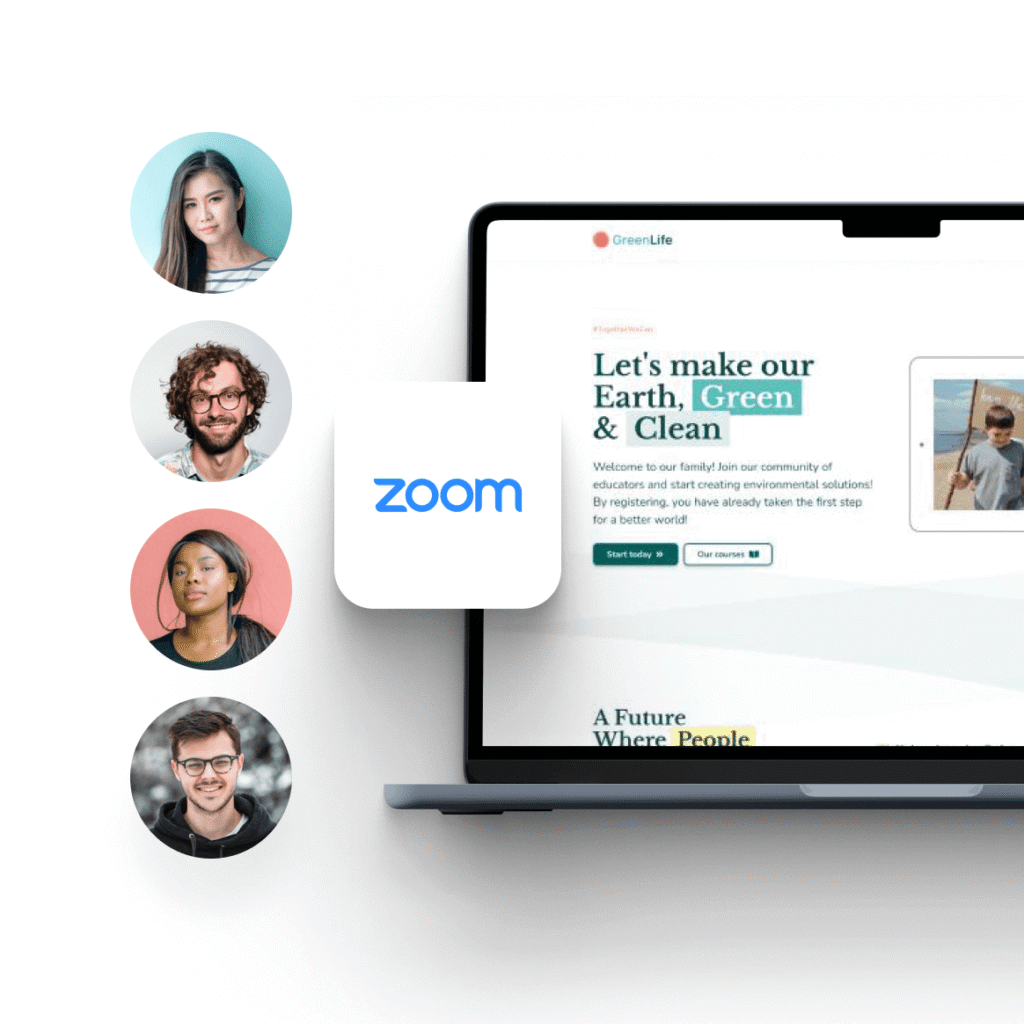 Stacked learner profile avatars beside a Zoom integration icon and a laptop showing a nonprofit training page.