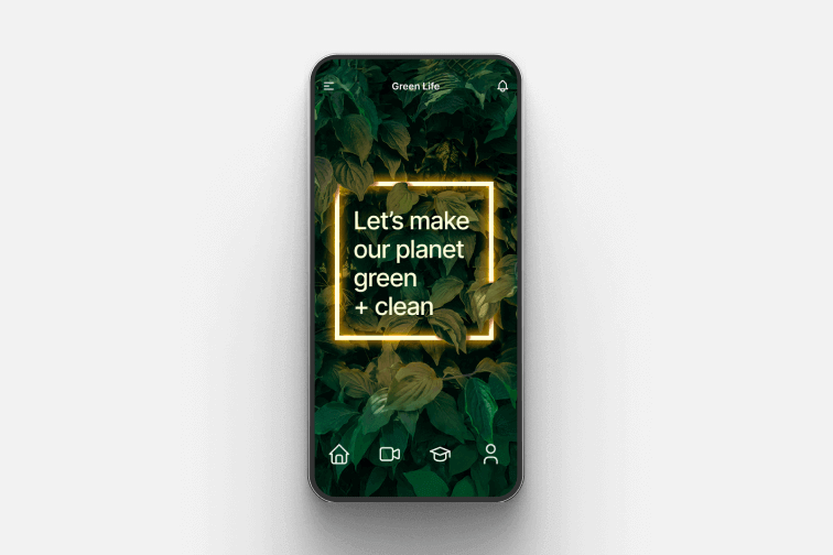 Smartphone showing a nonprofit-themed learning page with a ‘Green & Clean’ message.