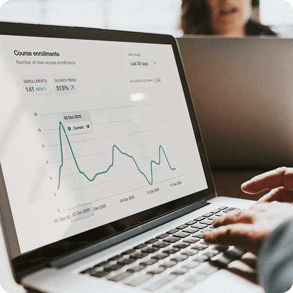 Laptop displaying coaching analytics dashboard with a line chart.