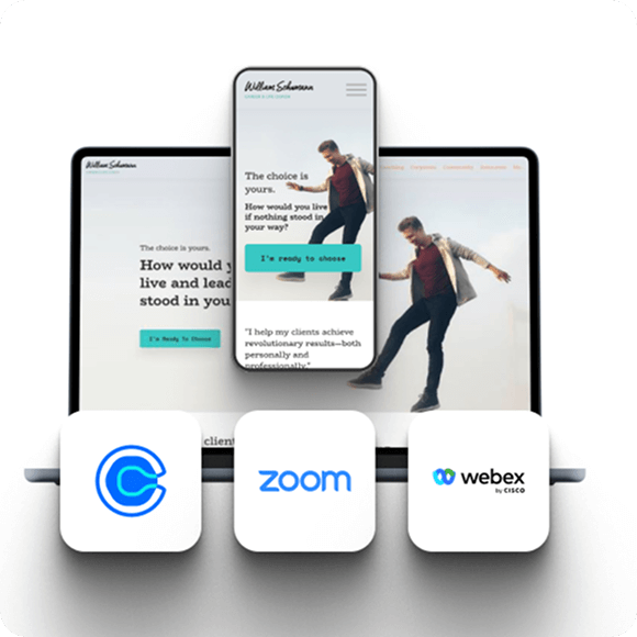 Coaching program shown on phone and laptop mockups along with the logos of Calendly, Zoom and Webex tools in smaller icons.