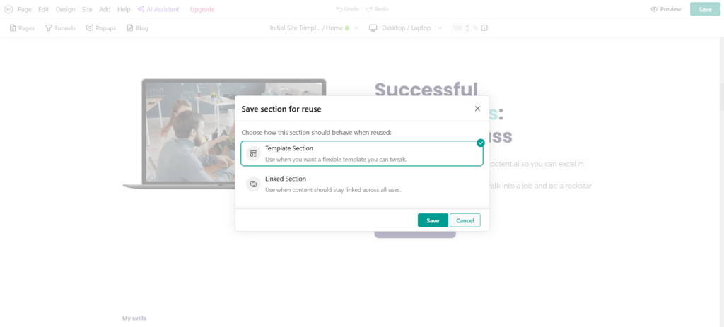 A screenshot showing the 'save section for reuse' tab for inserting Template & Linked Sections in LearnWorlds platform.