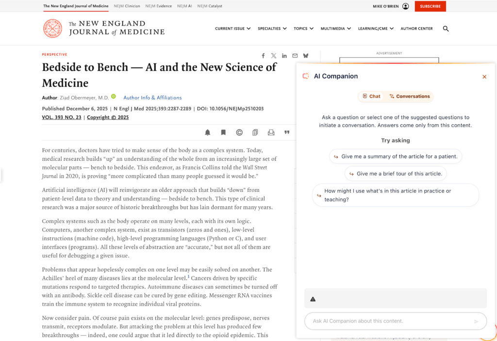 A screenshot from the New England Journal of Medicine with AI Companion