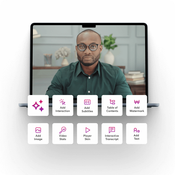 a man showing inside a macbook and 10 learnworlds video features on top as overlay