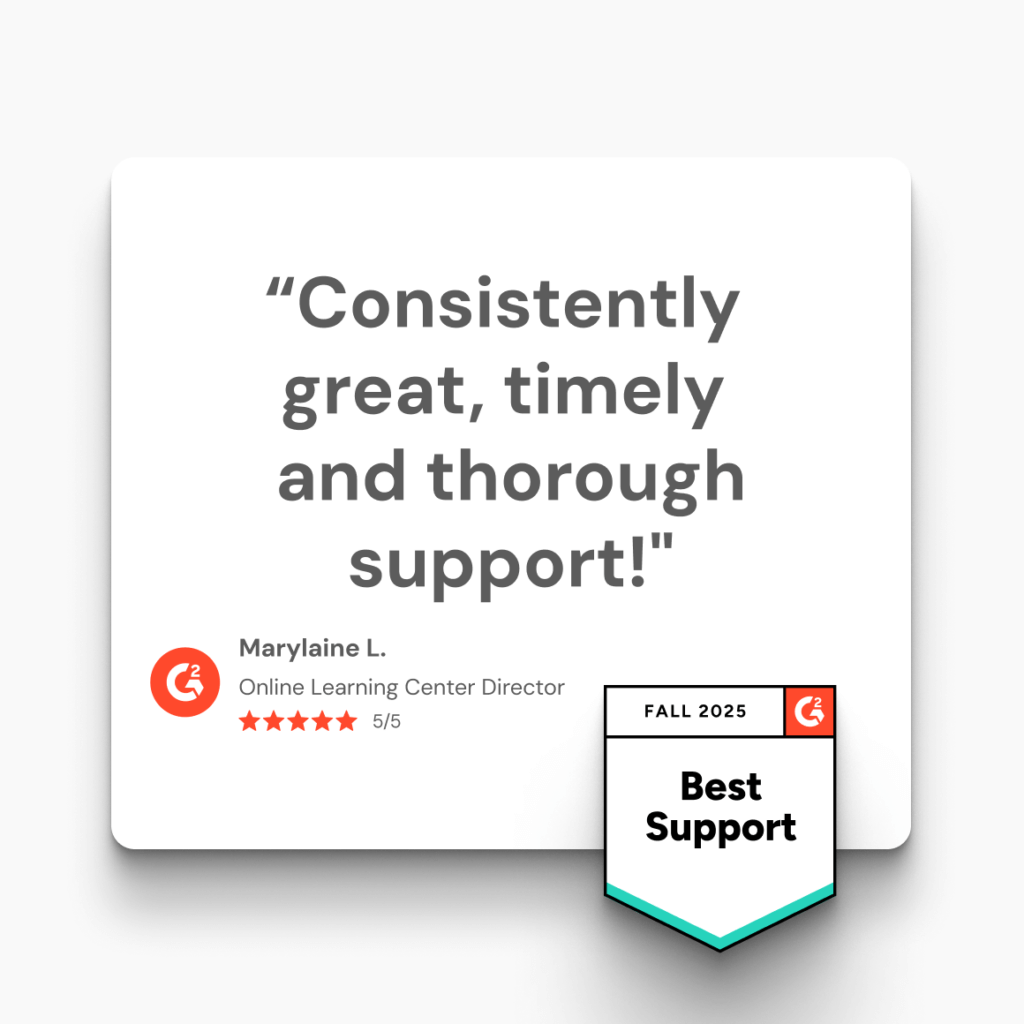 5-star testimonial praising support quality with Best Support award badge