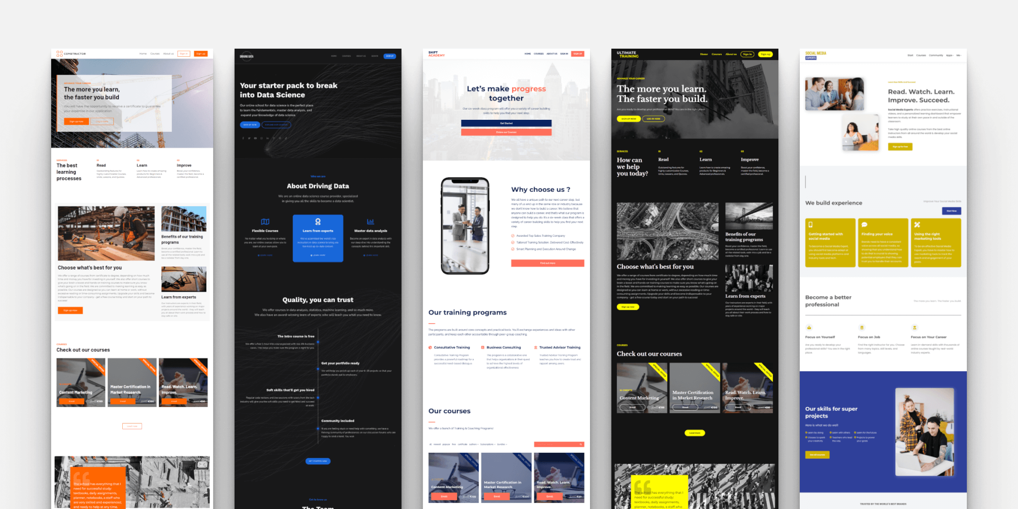 Collage of five customer education website templates on different page layouts.